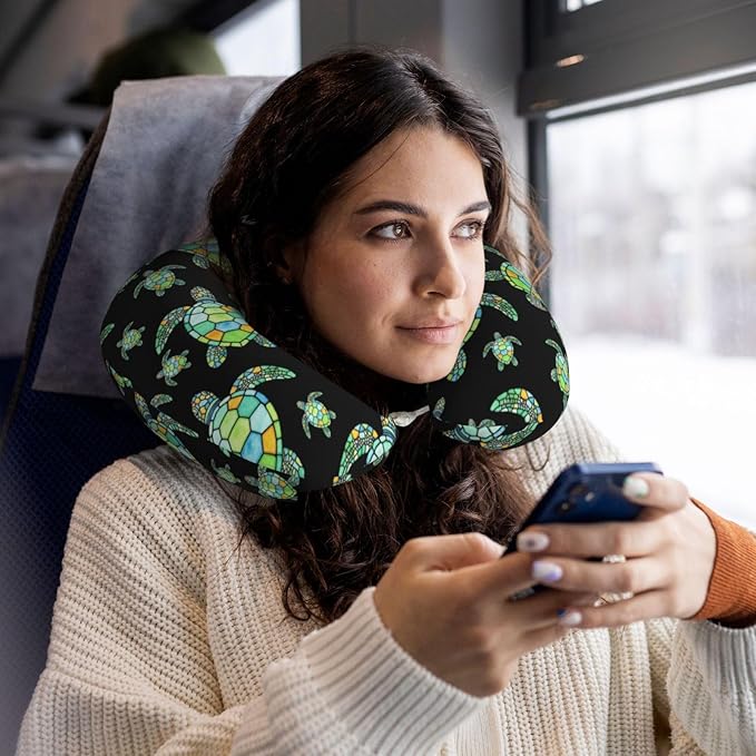 Neck Pillow Memory Foam Chin Cushion with Breathable Cover Space Watercolor Turtle Black, Cute Airplane Car Pillows for Office Head Pain Relief