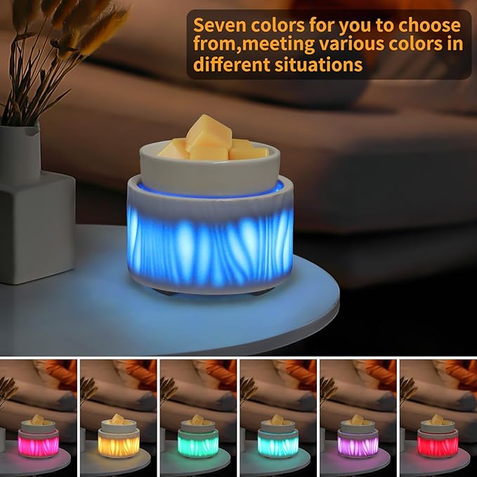Ceramic Wax Melt Warmer for Scented Wax Warmer with 7 Colors LED Ambiance Light 3-in-1 Electric Fragrance Candle Burner for Home Office Deco Birthday Gifts for Women Girl Mom Daughter(White-03)
