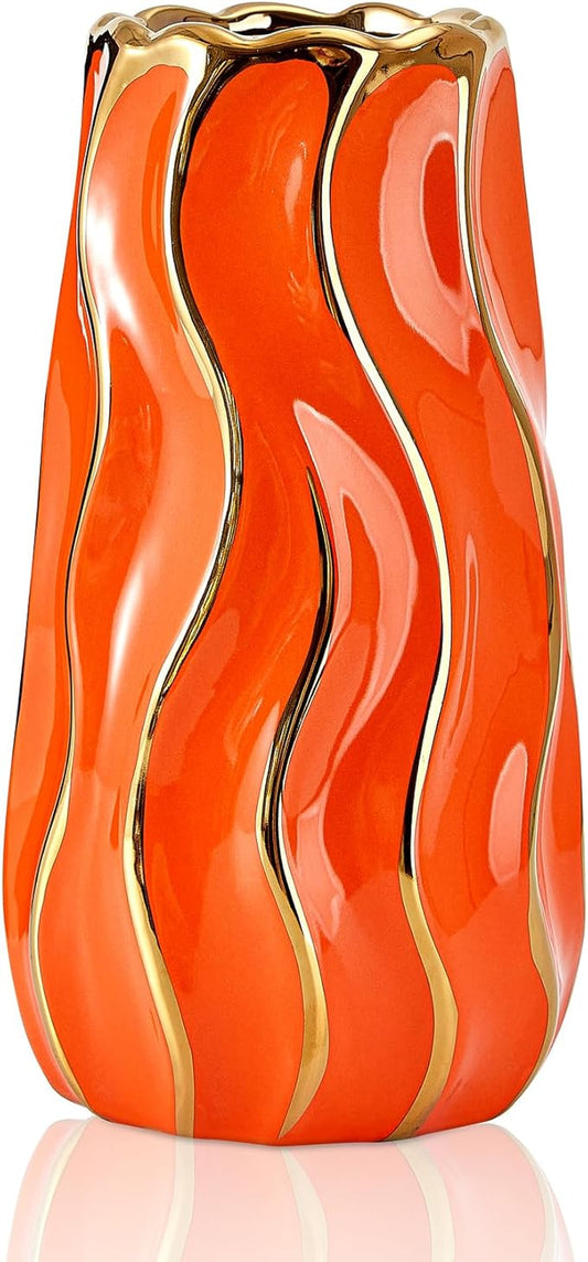 Ceramic Vase, Orange Vase for Home Decor,Decorative Flower Vase, Vertical Stripe Ceramic Vases for Home Décor, Bedroom, Office, Living Room, Bathroom, Tabletop Decor, Centerpiece (Orange)
