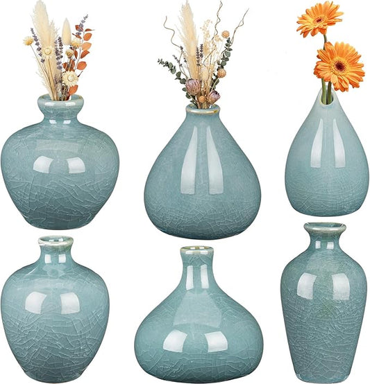FoldTier 6 Pcs Green Mini Ceramic Bud Vase Vintage Flower Vases Ice Cracked for Farmhouse Rustic Boho Style Table Shelves Home Office Decor Gifts(Classical,Green)