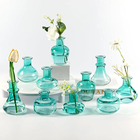 Blue Gradient Glass Bud Vase, 10Pcs/Set Modern Decorative Small Mini Flowers Vases, Minimalist Aesthetic Home Decor Vintage Wedding Table Centerpieces for Single Flower Rose