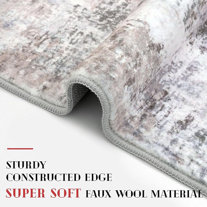 Modern Abstract Small Area Rug Indoor 3x5 Washable Rug Non-Slip Soft Beige Grey Neutral Entryway Rug Kitchen Mats Thin Print Faux Wool Floor Carpet Throw Rugs for Entrance Bedroom Home Decor
