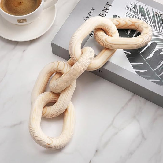 Queekay Decorative Wood Chain Link Decor Rustic 5 Link Wooden Chain Decor Ornament Farmhouse Home Decoration Hand Carved Wooden Crafts Ornaments for Coffee Table(Wood Color,13.78 Inch)
