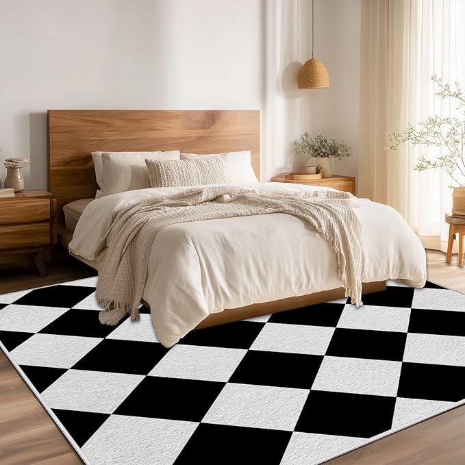Checkered Rug, Black White Rug, Washable Rugs 8x10, Geometric Rhombus Plaid Area Rugs, Grid Gingham Carpet for Living Room Non Slip Home Decor