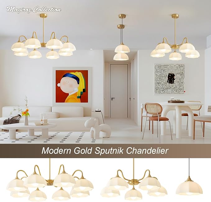 5 Light Modern Gold Chandelier Milk Glass Sputnik Pendant Light Mid Century Nordic White Ceramic Kitchen Island Hanging Lights Dining Room Lighting Fixtures Over Table Chandelier MPL13-5 GD