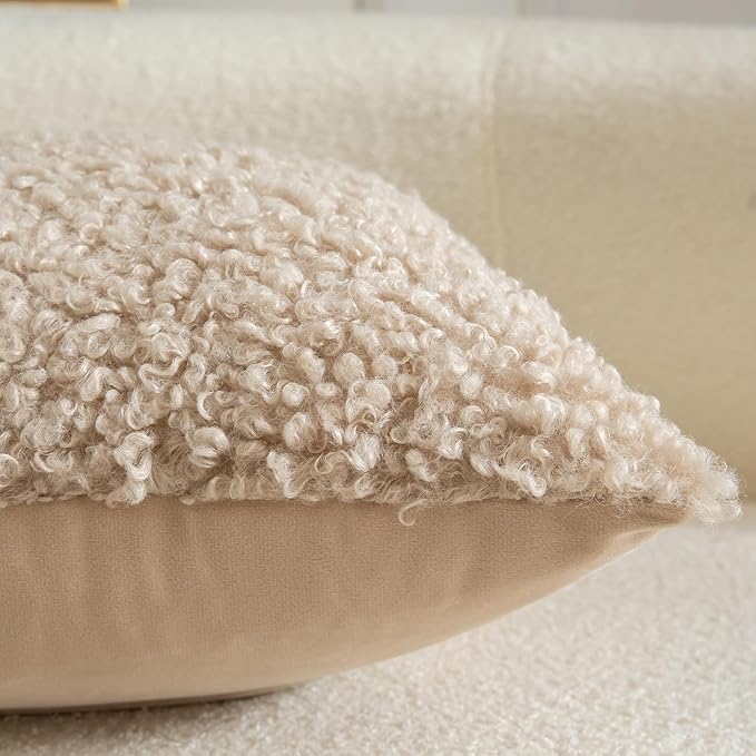 Yaertun Pack of 2 Faux Fur Throw Pillow Covers Decorative Sherpa Boucle Pillow Covers Fuzzy Soft Pillowcases Sheepskin Fleece Cushion Case for Couch Sofa Bed Living Room 16x16 Inch Oatmeal