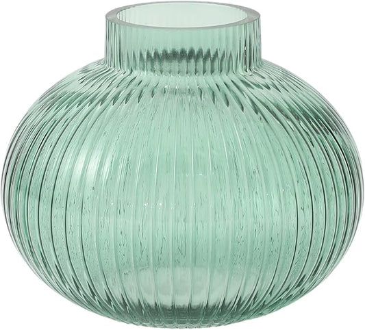 Green Glass Vase for Tulips, Ribbed Glass Vase for Flowers, Round Flower Vases, Small Short Vases for Living Room, Office, Coffee Table, Shelf, Wedding, 6 Inches