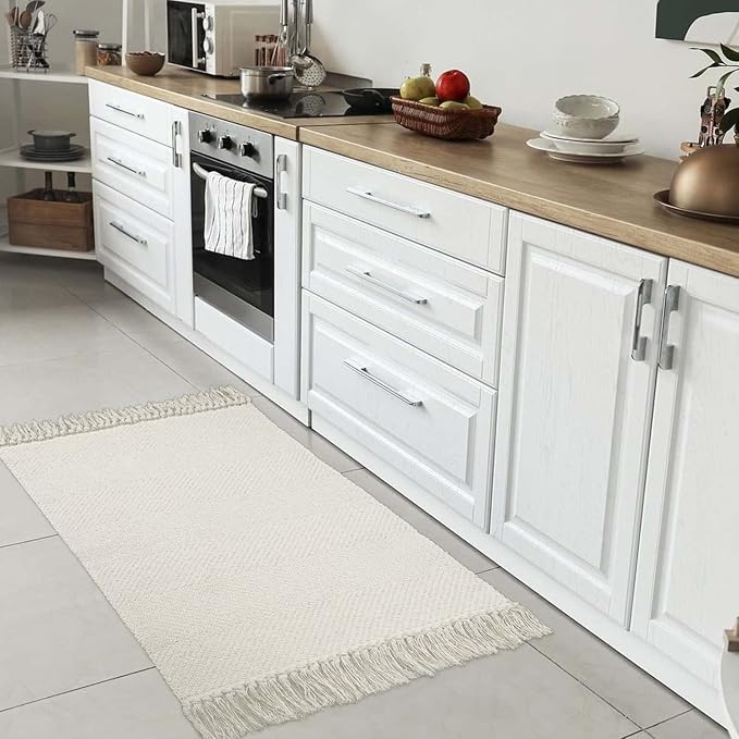 Collive Small Bathroom Rug, 2' x 3' Hand-Woven Low Profile Front Entryway Rug, White/Beige Cotton Reversible Washable Kitchen Mat Modern Farmhouse Carpet for Foyer Bedroom Back Door Decor