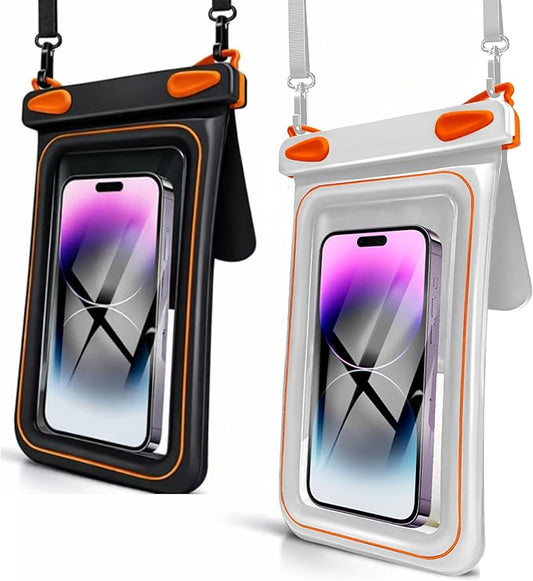 2 Pack Floating Phone Pouch with Dual Compartments, IPX8 Rated Waterproof Case for Rain, Beach, Boating & Kayaking, Clear Touch Screen, Fits Phones Up to 8.5”(Black-White)