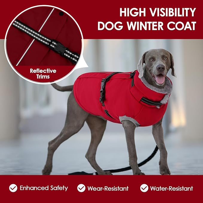 AOFITEE Dog Jacket, Large Dog Coat with Harness Built in, Warm Fleece Lined Pet Winter Jacket with Zipper & Furry Collar, Waterproof Pet Snow Coat Snowsuit for French Bulldog, Christmas Red L