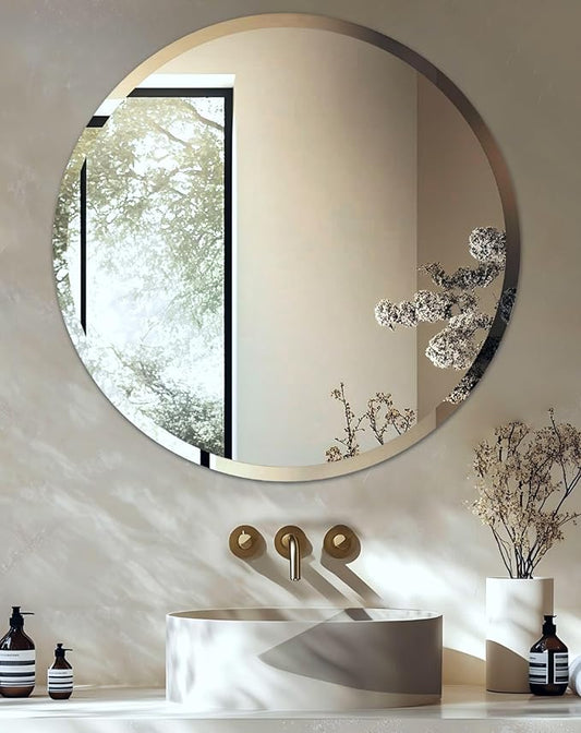 Frameless Round Wall Mirror: Decorative Mirrored Glass Vanity with Beveled Silver Edge for Bathroom Bedroom Livingroom Dining Room Entryway Hallway, 32 x 32 inch