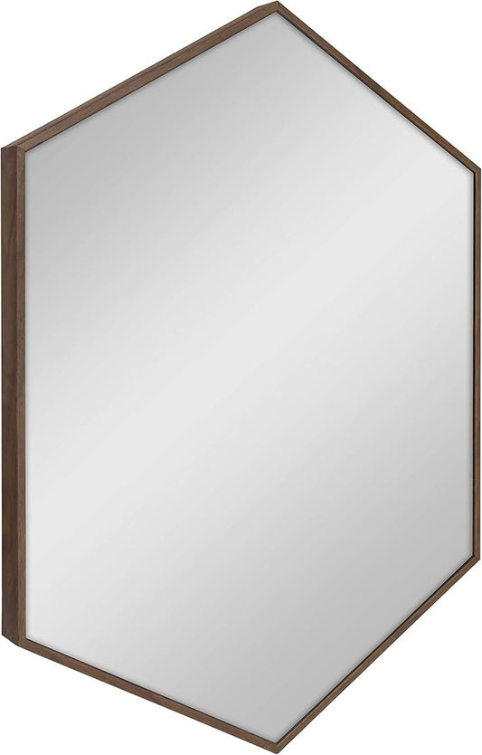 Kate and Laurel Rhodes Mid-Century Modern Hexagon Wall Mirror, Walnut Brown, 31x22-Inches