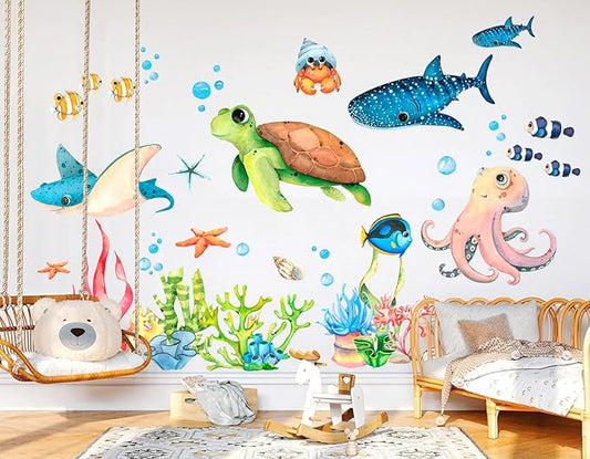 Watercolor Ocean Animals Wall Decal - Cartoon Underwater Fun with Turtle, Whale, and Octopus, Removable Reusable Peel-and-Stick Fabric Stickers for Kids' Room Décor(Small)