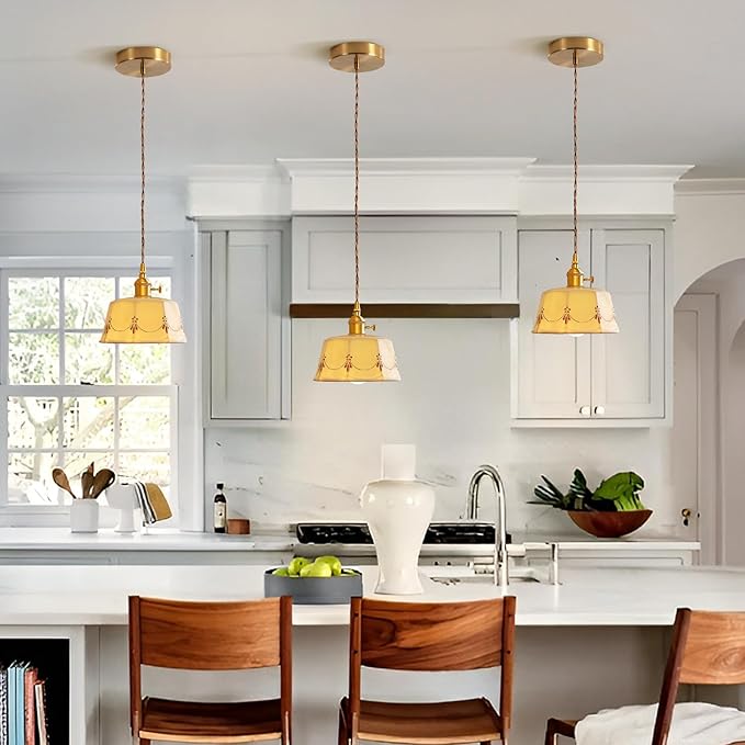 Ceramic Pendant Light, Modern Ceiling Hanging Lamp with White Ceramic Lampshade, Adjustable Farmhouse Pendant Light for Kitchen Island Bedroom Restaurant