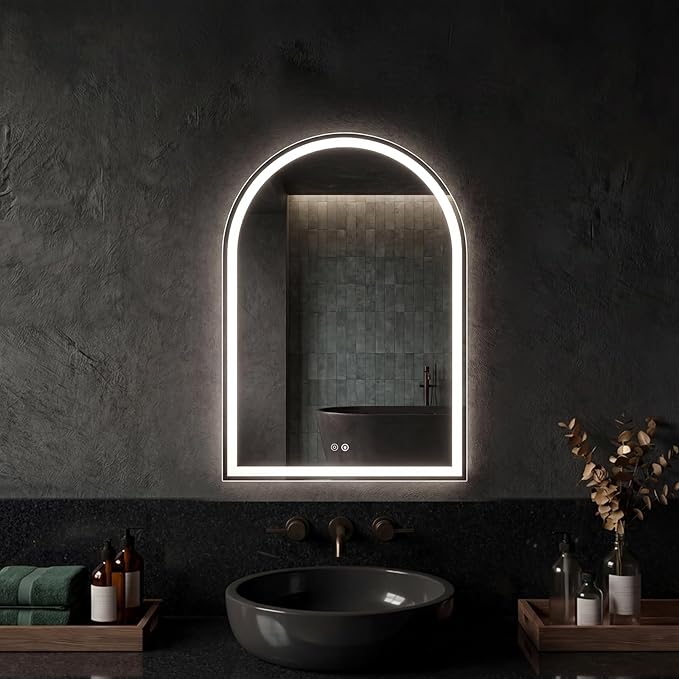 Sweetcrispy 20"×28" LED Bathroom Mirror with Lights, Arched Vanity Mirror with Anti-Fog, Dimmable, 3-Color Light, Memory Function, Tempered Glass