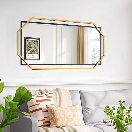 Large Black and Gold Bathroom Mirror, 46.5" x 23" Mirror Wall Decor, Modern Metal Octagonal, Living Room, Bedroom, Dining Room, Entryway