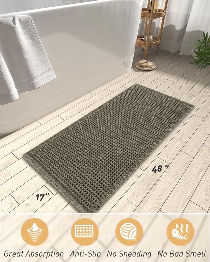 Upgraded Waffle Runner Rug, Super Absorbent Non Slip Bath Mats for Bathroom Floor, Machine Washable Bathroom Runner Rug with Tassels, Ideal for Hallway Bedroom Laundry Room, Dark Green, 17" x 48"