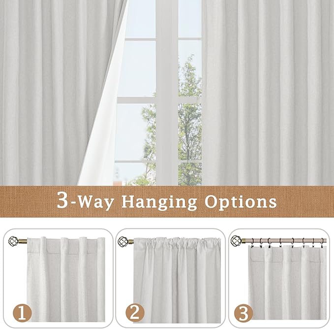 LAMIT Light Grey 100% Blackout Linen Curtains, 63 Inches Linen Textured Thermal Bedroom Curtains Back Tab and Rod Pocket Burlap Panels with White Liner for Farmhouse, 2 Panels, 52 x 63 Inch