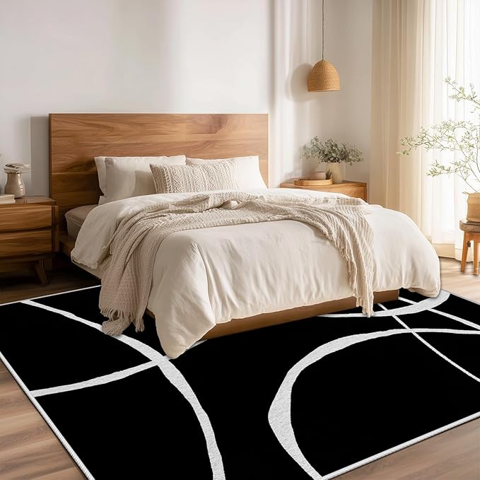 Black and White Rugs, Abstract Rug, Modern Minimalist Rug, Curved Line Design Carpet, Black and White Abstract Rugs Washable Non Slip for Living Room Home Decor 5x6