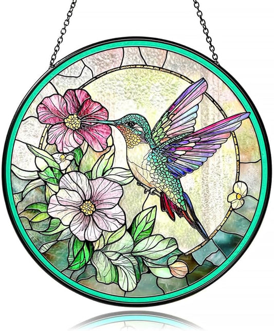 Hummingbird Suncatcher with Floral Nectar Design, Stained Glass Suncatcher - Stained Glass Window Hanging for Nature Lovers, Unique Gift for Bird Enthusiasts, Indoor/Outdoor Garden or Home Decoration