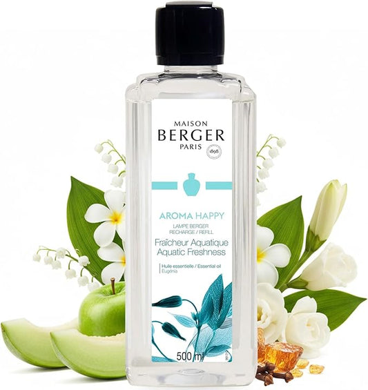 MAISON BERGER Aquatic Freshness Lampe Berger Refill, 500 ml (16.9 fl oz), Odor-Neutralizing Home Fragrance Oil Lamps, Melon, Green Apple, Monoï, Lily of The Valley, Made in France