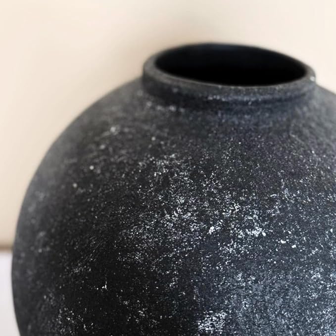 Handmade Large Rustic Ceramic Vase 10.6 inches Tall, Farmhouse Stone Decor, Big Black Round Vase Living Room Home Decor, Earthy Textured Large Vases for Centerpieces Console Table