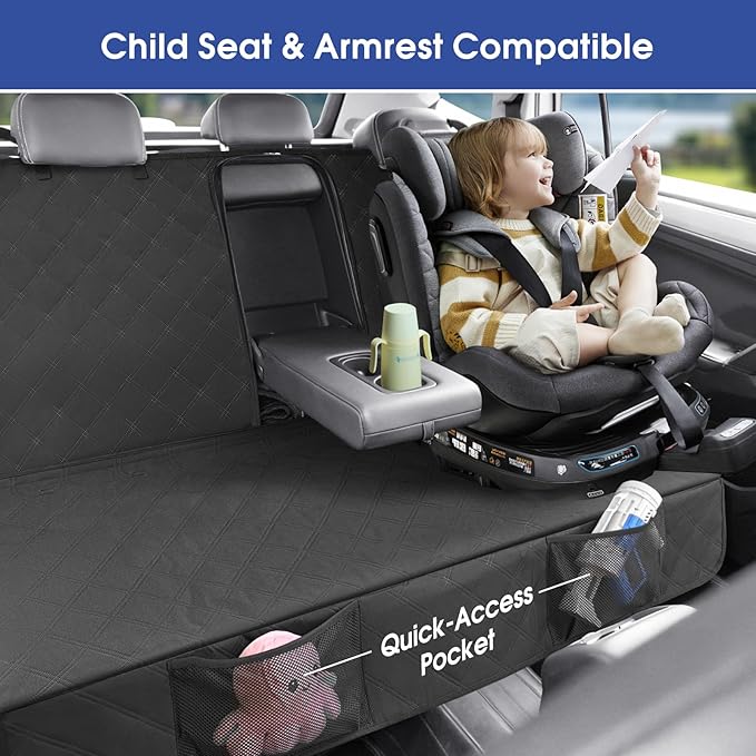 Upgraded 900D Heavy Duty Dog Back Bench Seat Cover, Car Seat Protector, Fits Compact Cars & SUVs, 3 Seatbelts & Armrest Compatible, Waterproof Nonslip Pet Backseat Cover for Dogs & Kids