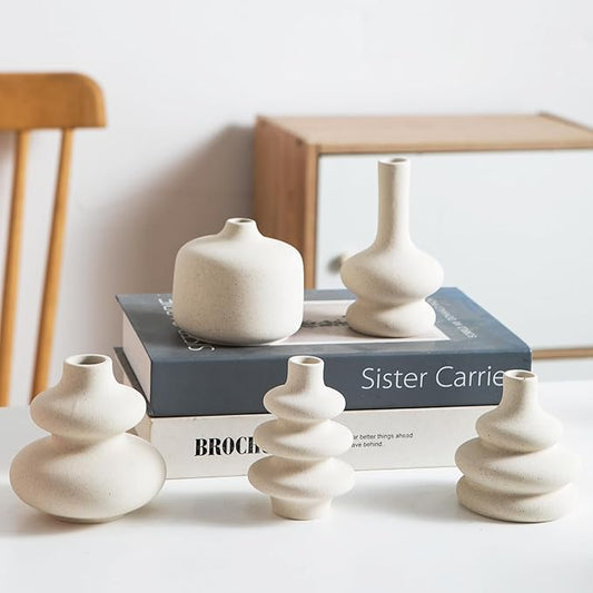 Small White Ceramic Vases Set of 5, Mini Decorative Boho Vases for Flower, Wedding & Home Decor