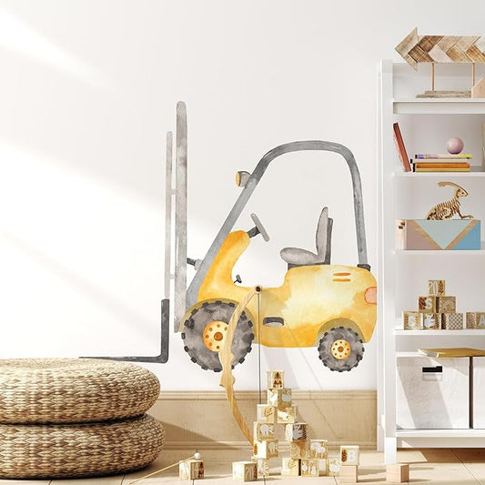 Construction Forklift Wall Decal for Boys Room, Lift Truck Construction Eqipment Peel Stick Removable Fabric Wall Sticker, Nursery or Playroom Decor, Repositionable (30 inch: 27" Tall x 30" Wide)