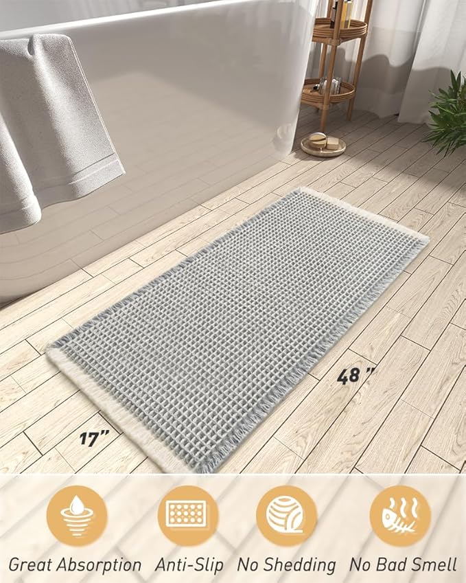 Upgraded Waffle Runner Rug Super Absorbent Non Slip Bath Mats for Bathroom Machine Washable Bathroom Runner Rug with Tassels, Ideal for Hallway Bedroom Laundry Room, 17" x 48", LightGrey & Cream