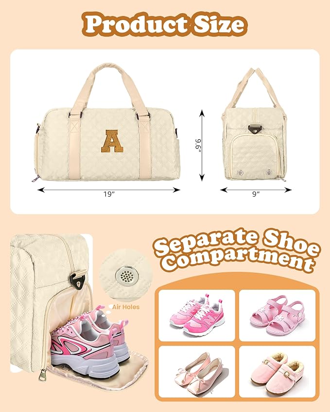 Elilier Overnight Bags for Women, Initial Travel Duffel Bag, Sports Gym Bag, Carry On Bag, Monogram Gifts for Girl Friends Female Mom Teacher