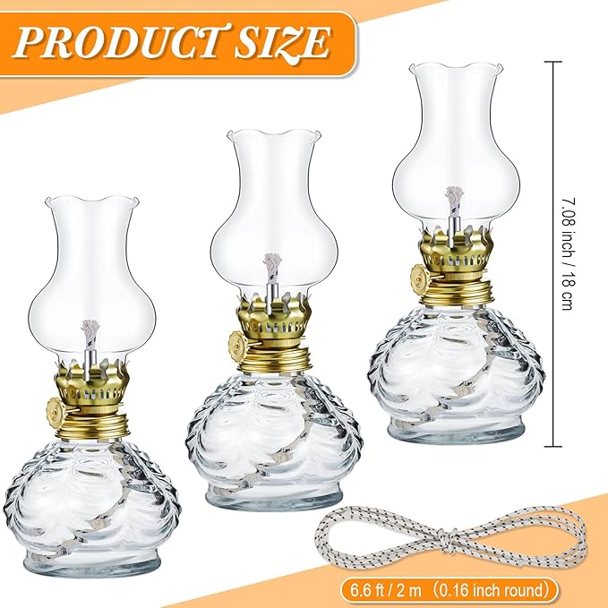 Yexiya 6 Set Vintage Glass Kerosene Lamp Rustic Oil Lamp Lantern Chamber Oil Clear Kerosene Hurricane with 6.6 ft Extra Wick for Indoor Use Lighting Decor Emergency (Pineapple Style)