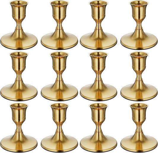 12PCS Brass Gold Taper Candle Holders Set, Vintage Metal Candlestick Holders for Dinner Room Table Centerpiece or Mantel Wedding Party Decor