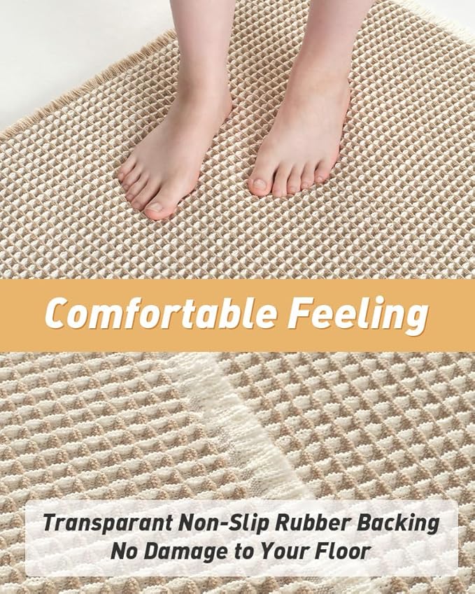 AMOAMI Upgraded Waffle Runner Rug Super Absorbent Non Slip Bath Mats for Bathroom Machine Washable Bathroom Runner Rug with Tassels, Ideal for Hallway Bedroom Laundry Room, 17" x 72", Brown & Cream