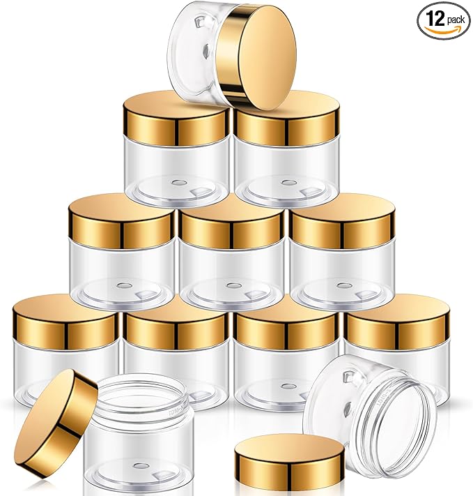 SATINIOR 12 Pack 8 oz Plastic Container Jars with Lids Round Clear Travel Cosmetic Container Slime Jars for Toiletries, Lotion, Cream, Ointments, Makeup, Rhinestone, Samples, Kitchen Storage(Gold)