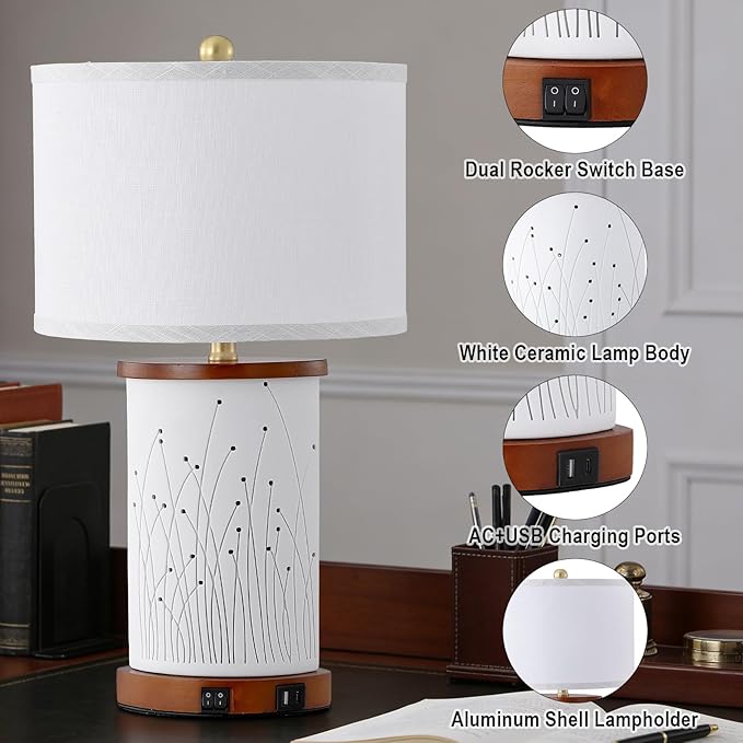 Set of 2 Ceramic Table Lamps with 3 Color Temperatures, Nightstand Table Lamps with AC Outlet, USB A & C Charging Port, Bedside Lamps for Living Room, Bedroom, Office Reading, Walnut