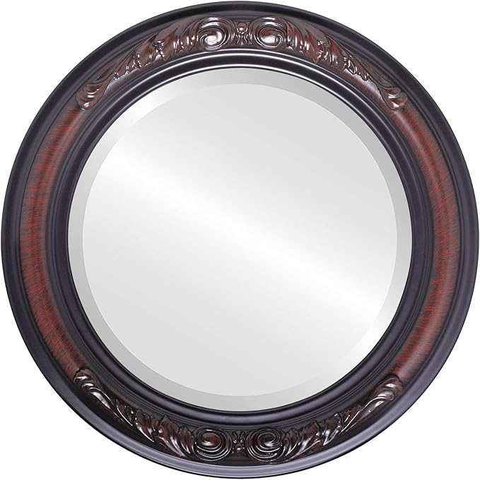 OVALCREST Round Beveled Wall Mirror for Home Decor - Florence Style - Vintage Cherry - 22x22 Outside Dimensions