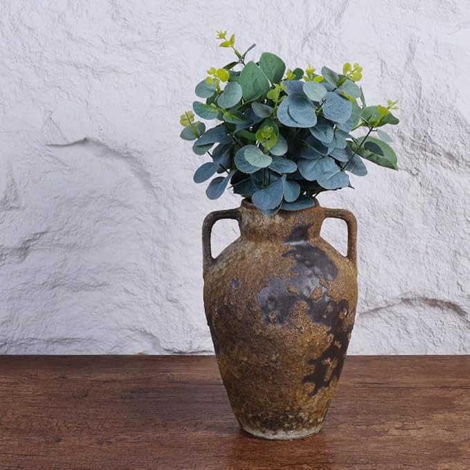 Wabi Sabi Decor Rustic Vase with 2 Handles, Farmhouse Vase for Home Decor, Vintage Terracotta Stone Vases Suitable for Home Decor, Living Room, Shelf Decor, Dining Table Decorative Vases