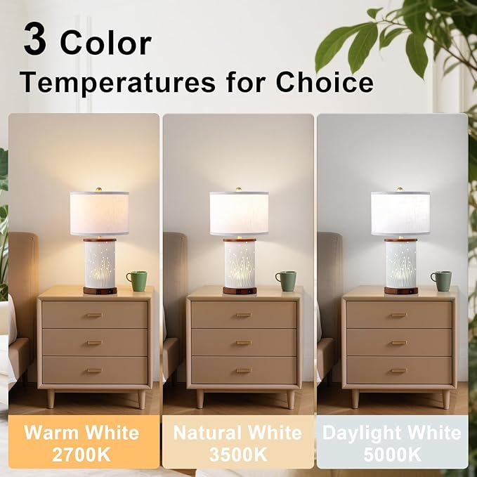 Set of 2 Ceramic Table Lamps with 3 Color Temperatures, Nightstand Table Lamps with AC Outlet, USB A & C Charging Port, Bedside Lamps for Living Room, Bedroom, Office Reading, Walnut