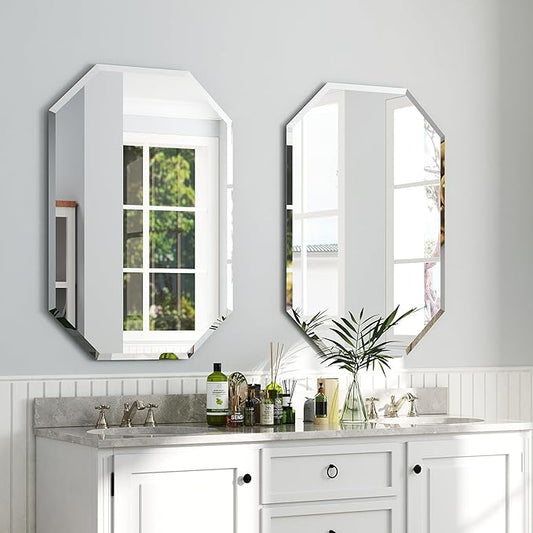 Chende 2 Packs Bathroom Mirror for Wall, 24"x32" Octagon Frameless Mirror with Beveled Edge, Vanity Mirror for Bathroom Living Room Bedroom Vertical or Horizontal