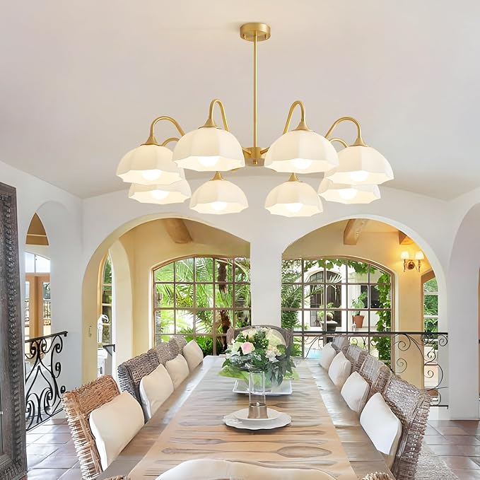 8 Lights Gold Sputnik Chandelier Light Fixture Large Mid Century Large Milk Glass Sputnik Pendant Lights Kitchen Island Modern Farmhouse Semi Flush Mount Chandelier Hanging Lamp MPL13-8 GD