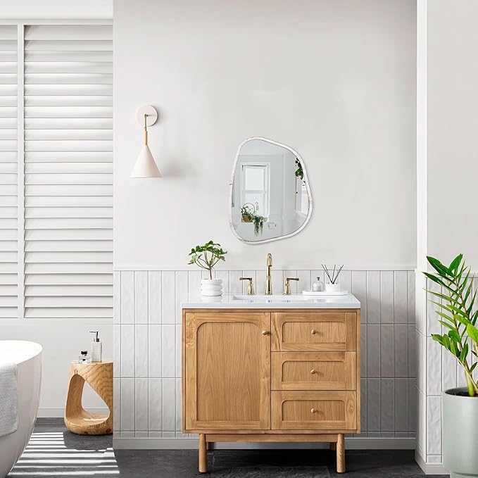 Irregular Wall Mirror Modern Oval Asymmetrical Wooden Framed Unique Hanging Mirror Artistic Wavy Mirror Decor Bathroom Vanity Bedroom Living Room Entryway Hallway Small 14"x10"