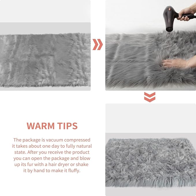 Ciicool Grey Fur Fluffy Rug, 2x4 ft Small Faux Fur Rugs for Bedroom, Washable Faux Sheepskin Carpet for Sofa Couch Seat Cushion, Thick Shaggy Furry Rugs Floor Carpets for Bedside Living Room