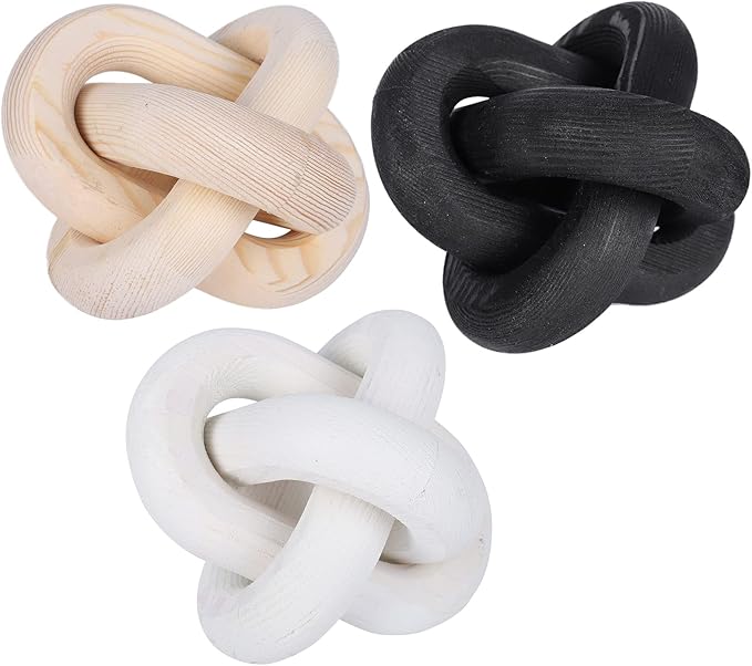 3-Link Wood Chain Link Decor, Coffee Bar Table Decor, Farmhouse Wood Chain Knot Boho Hand Carved Decorative Wood Link Chain for Entryway Dinning Table Bookshelf Tiered Tray Home Decor (Black)