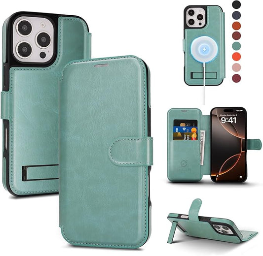 CIVICASE for iPhone 16 Pro Wallet Case with Stand,PU Leather Flip Credit Card Holder Slots (RFID Blocking),Compatible with Magsafe Magnetic Holder Phone Cover Women Men,Green