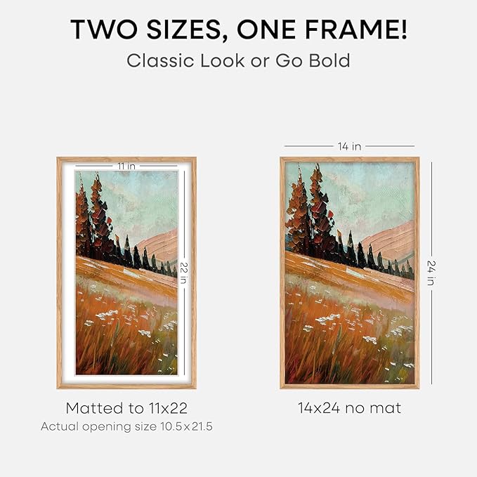Homeforia 14x24 Picture Frame Natural Wood, High End Oak 14x24 Light Wooden Poster Frame with Mat 11x22, 14 x 24 Frames Matted to 11 x 22 Photo, 24x14 Hanging Frame, Tempered Glass, Wall Kit, Set of 1