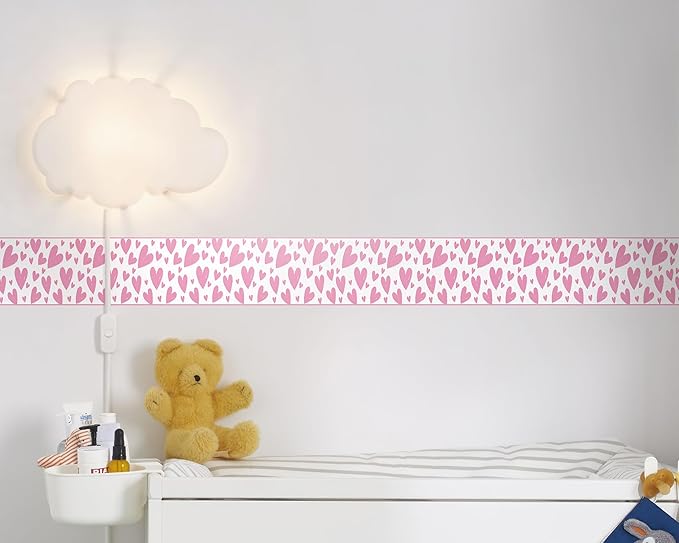 FLFK Pink Heart Wallpaper Border - Peel and Stick Wall Paper, Self Adhesive Removable PVC Borders Sticker, Modern Waterproof Trim for Home Decor, 5" x 240"