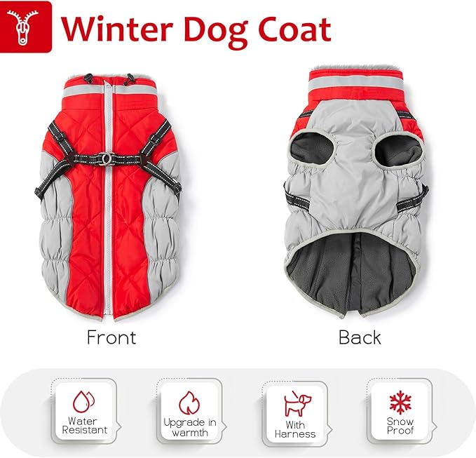 Abuandi Dog Winter Coat with Harness, Dog Jacket, Pet Clothes with Zipper on Back, Waterproof Windproof Warm Vest, Reflective Cold Weather Coats, for Small Medium Large Dogs, Thick, Red, 3XL