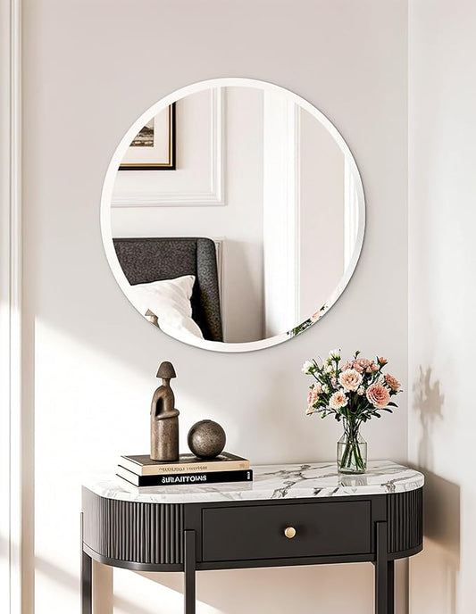 Frameless Round Wall Mirror: Decorative Mirrored Glass Vanity with Beveled Silver Edge for Bathroom Bedroom Livingroom Dining Room Entryway Hallway, 16 x 16 inch