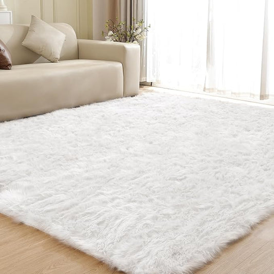 Shag Plush Rug 8x10 Area Rugs for Bedroom White Fluffy Living Room Rug Large Washable Faux Sheepskin Furry Fur Rugs for Nursery